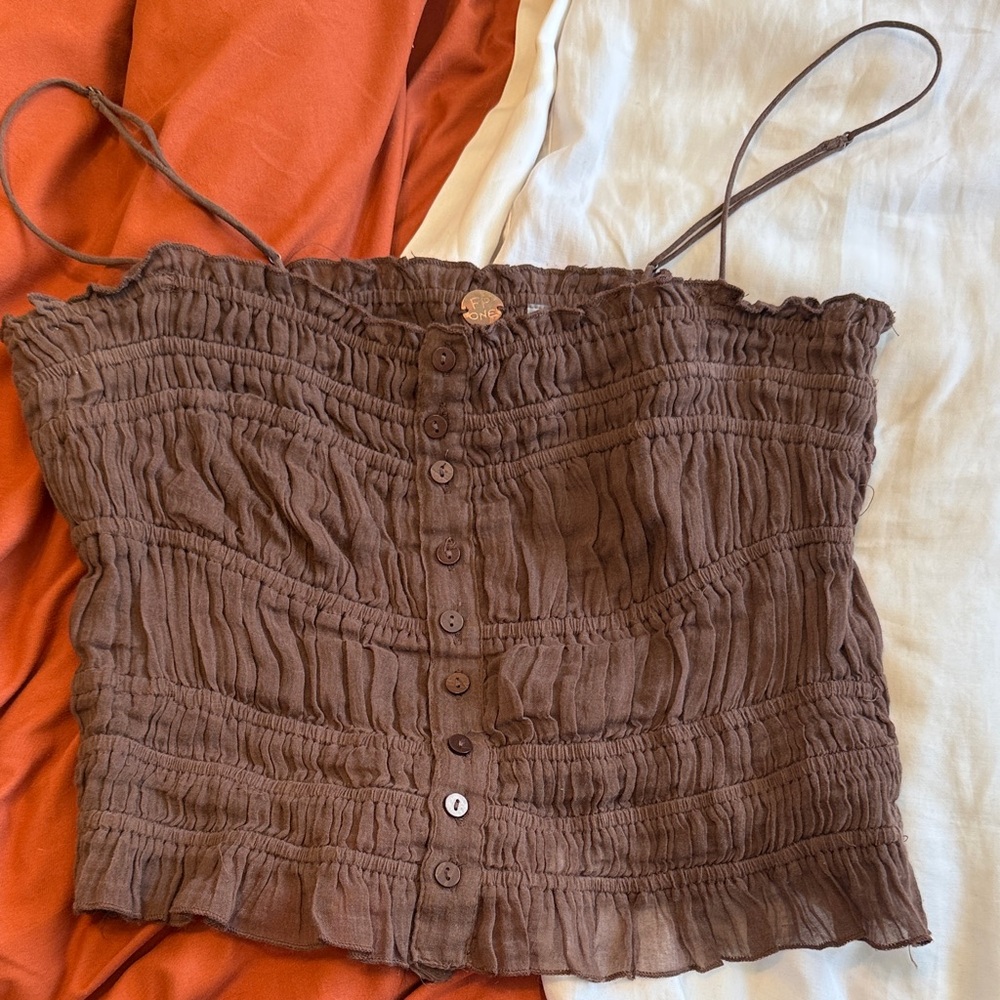 Smocked Button-Front Brown Cami Top